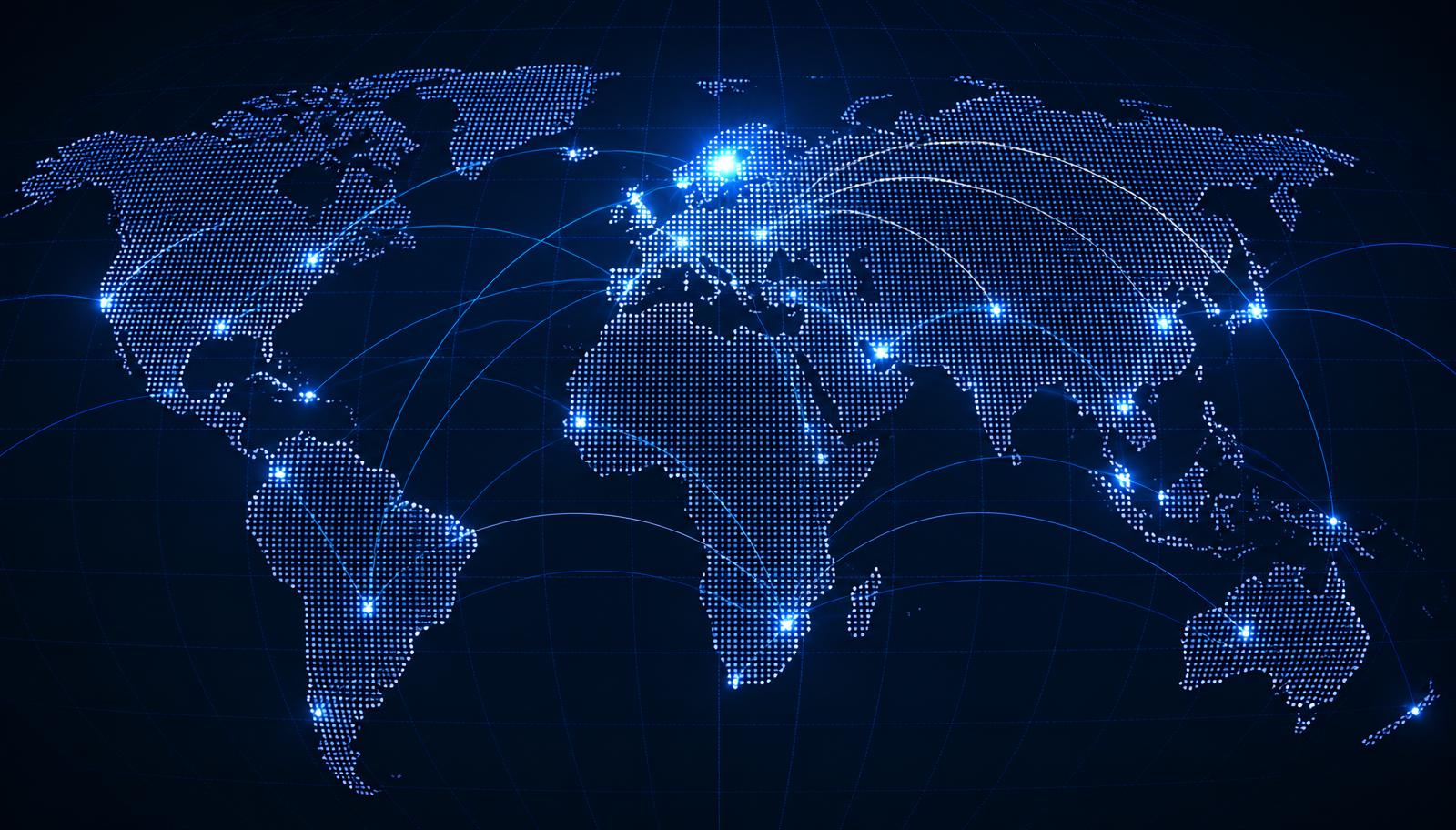 Global football network map with connection points across Europe, Scandinavia, Africa, the Middle East, North America, South America, Central America and the Caribbean, Asia and Oceania