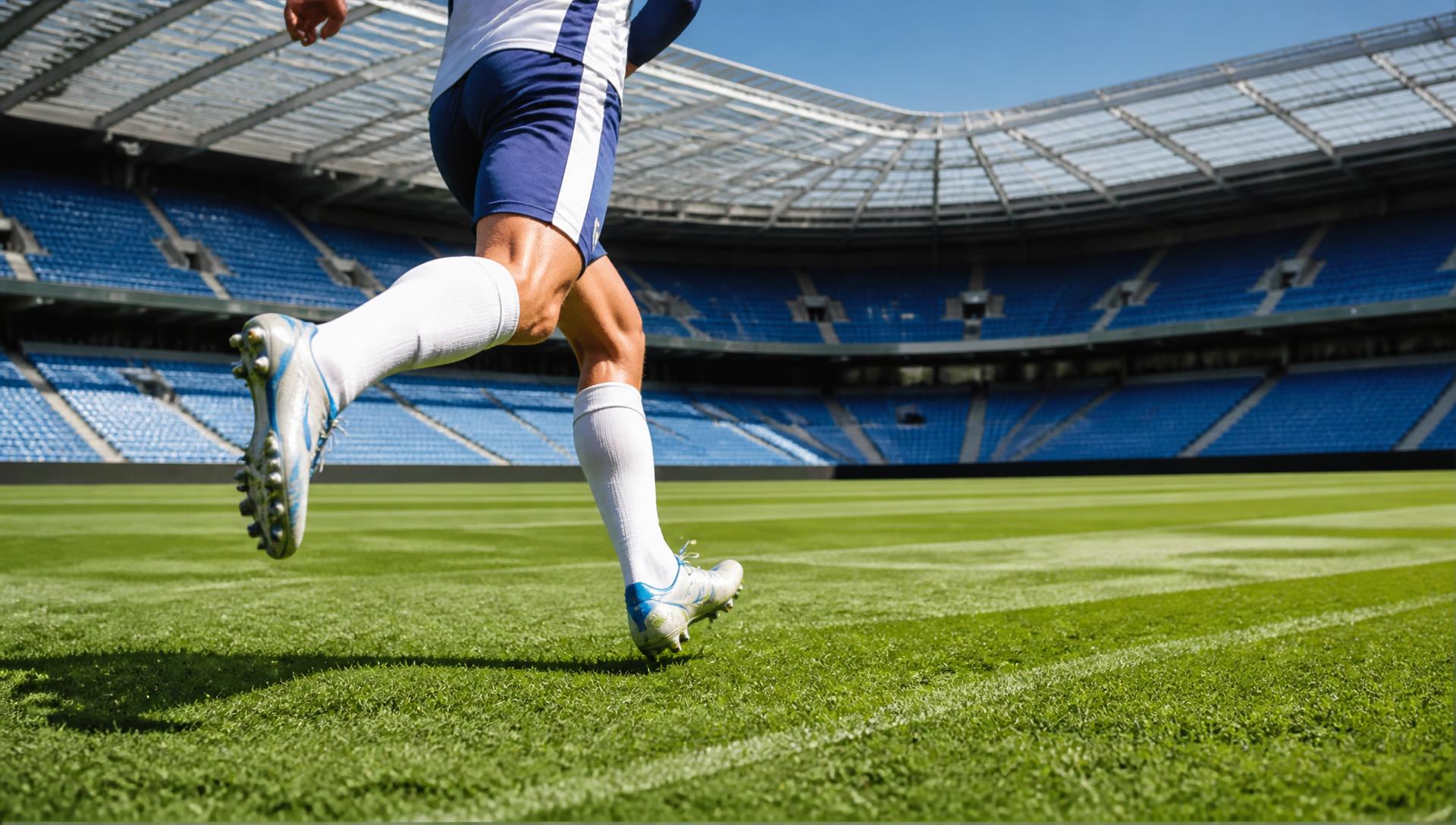 لاعب كرة قدم محترف يجري على عشب ملعب حديث في وضح النهار